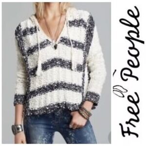 Free People Sweater Knit Hoodie Beige Blue Striped Tassel Open Weave Pullover